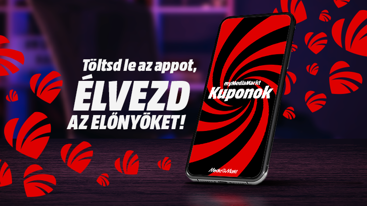 Egy mobiltelefon, amelyen egy alkalmazás jelenik meg a következő szöveggel: "Töltsd le az appot, élvezd az előnyöket!"