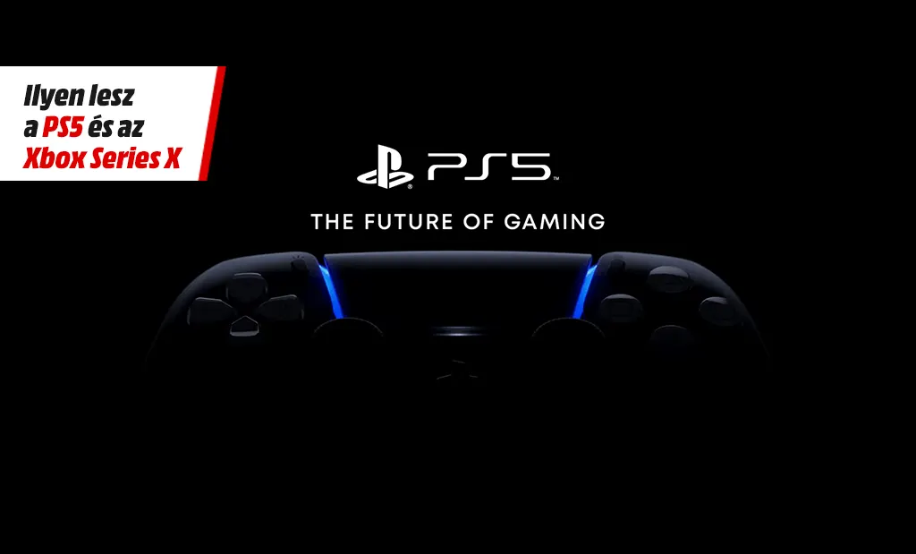 PlayStation 5 bemutató cikkborító kék fénnyel világító kontrollerrel, PS5 logóval és konzol-összehasonlító felirattal.
