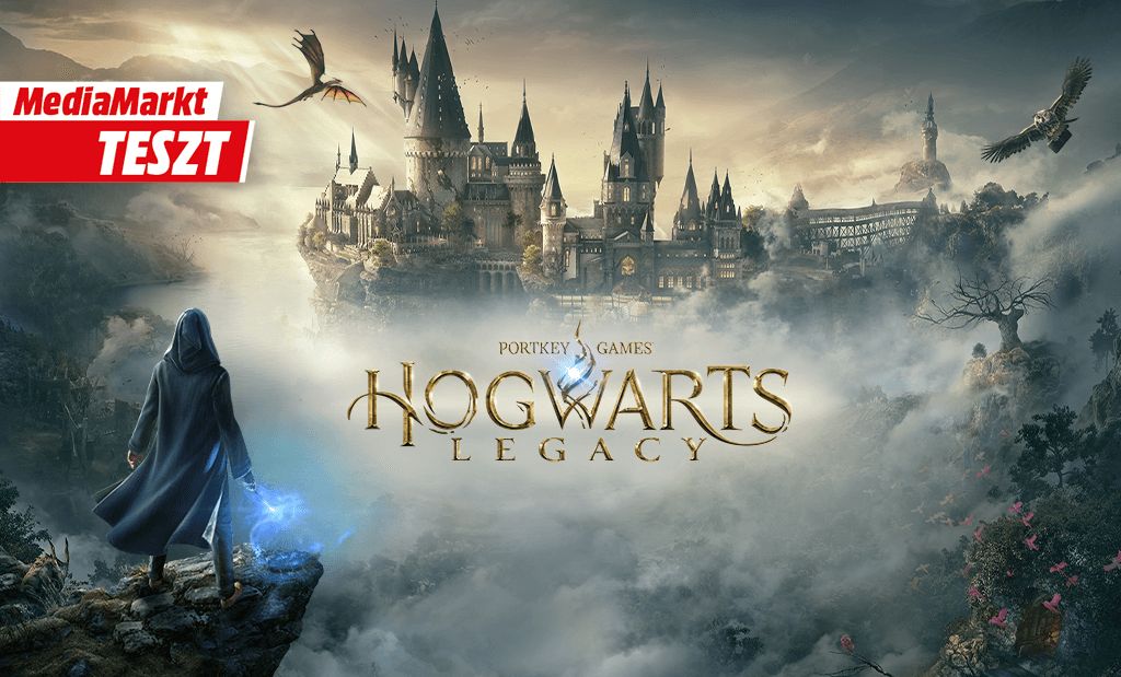 Hogwarts Legacy játékteszt a MediaMarkt oldalán: a Roxfort kastély látképe varázslóval és sárkánnyal.