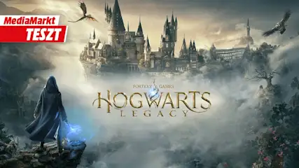 Hogwarts Legacy játékteszt a MediaMarkt oldalán: a Roxfort kastély látképe varázslóval és sárkánnyal.