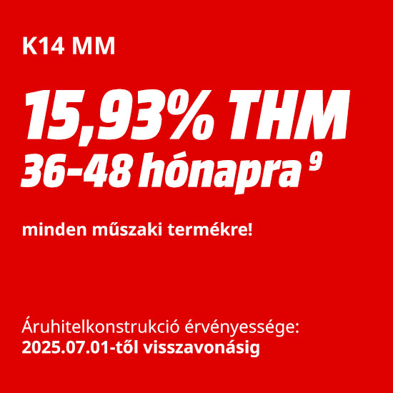 Piros háttéren fehér szöveg: "Online áruhitel", "9,92% THM", "36-48 hónapra".