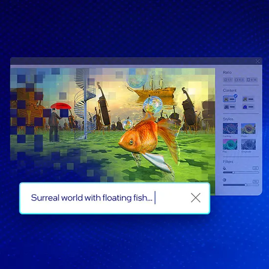 A képen egy aranyszínű hal, földgömb, hajó, spirállépcső, férfi ernyővel és hangszerek láthatóak.