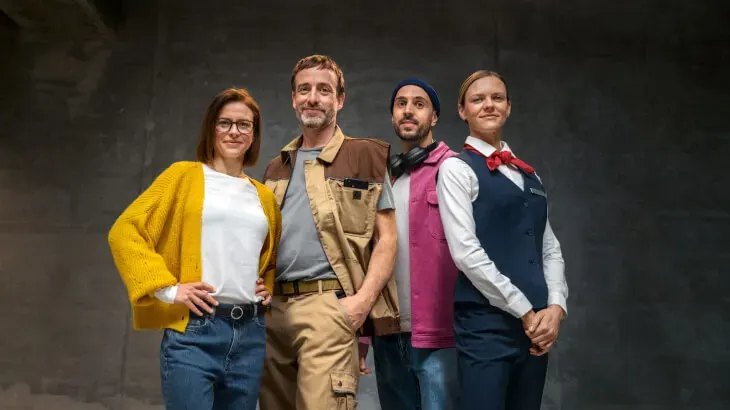 Négy ember áll egy csoportban: egy sárga kardigánt, egy barna mellényt, egy rózsaszín mellényt és egy sötétkék mellényt viselnek.