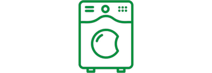 Zöld vonalas mosógép ikon, elülső nézetben, fehér alapon. A gép tetején vezérlőpanel látható.