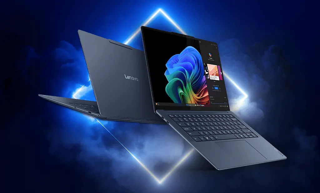 Lenovo Yoga Slim 7x laptop termékfotó kék futurisztikus háttérrel és Windows 11 rendszerrel.