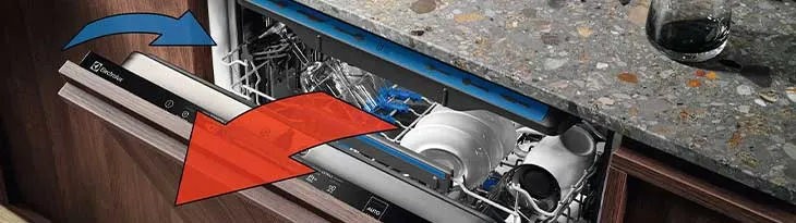 Nyitott mosogatógép, benne fehér edényekkel. Kék és piros nyilak jelzik a mozgást. A pulton pohár áll.