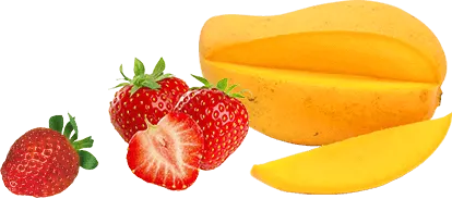 Piros eper zöld levelekkel, egy félbevágott eper és egy sárga mangó szelettel.