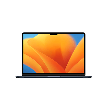 Egy nyitott laptop látható, képernyőjén narancssárga absztrakt háttérrel, kék éggel a háttérben, fehér alapon.