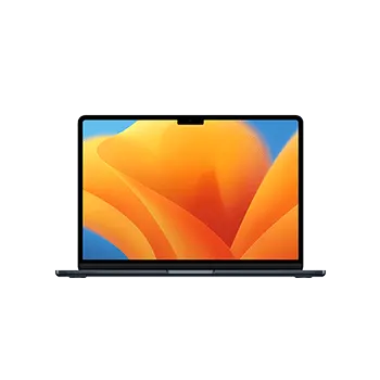 Egy nyitott laptop látható, képernyőjén narancssárga absztrakt háttérrel, kék éggel a háttérben, fehér alapon.