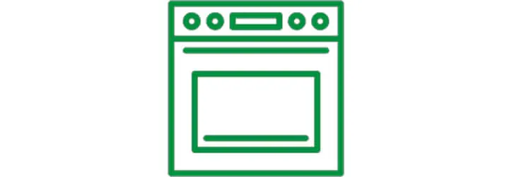 Zöld vonalas rajz egy sütőről fehér alapon, kijelzővel, gombokkal és ajtóval.