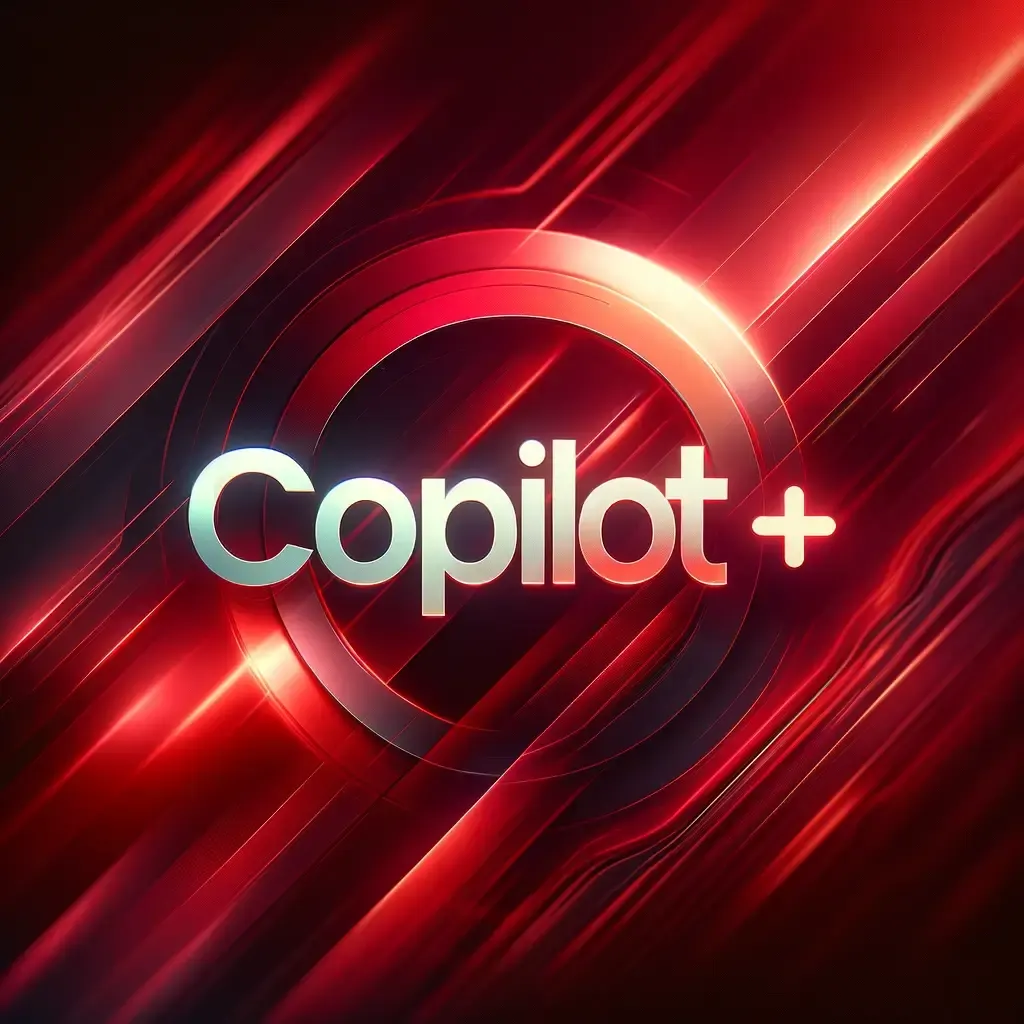 Világító fehér „Copilot+” felirat egy vörösen izzó, körkörös és átlós fénycsíkokkal teli, futurisztikus háttér közepén.