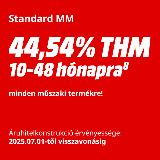 Piros alapon fehér szöveg: "Standard MM", "44,54% THM", "10-48 hónapra", "minden műszaki termékre!", áruhitel érvényessége 2025.07.01-től.