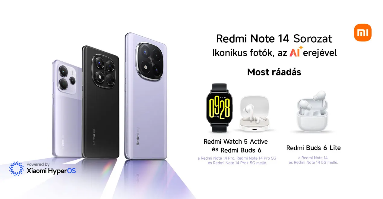 Három Redmi note 14 okostelefon, egy okosóra és két vezeték nélküli fülhallgató látható fehér háttéren a Redmi Note 14 termékcsalád reklámanyagán.