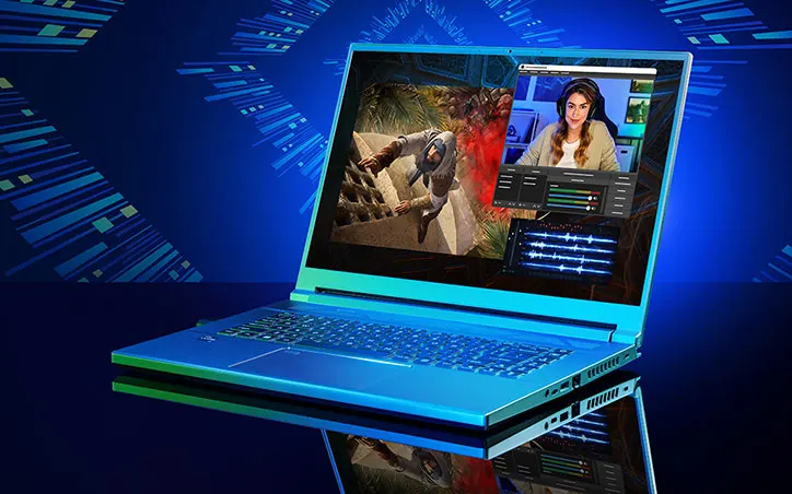 Kék laptop látható, a képernyőjén videójáték, egy nő közvetítése és hanghullámok. Kék háttérben, tükröződő felületen.