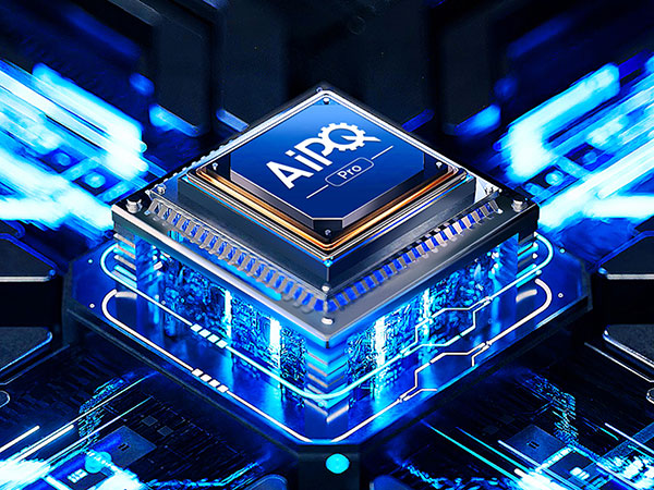 Mesterséges intelligencia processzor kék neonfényekkel, high-tech alaplapon