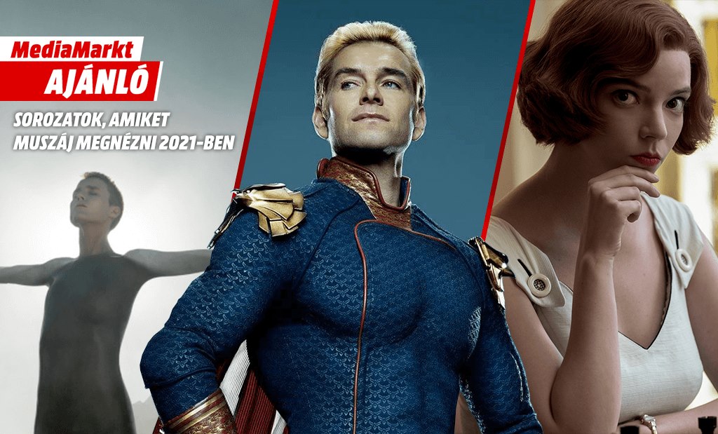 MediaMarkt Ajánló montázs három híres sorozatkarakterrel (Homelander, Beth Harmon és egy android) és sorozatajánló szöveggel.