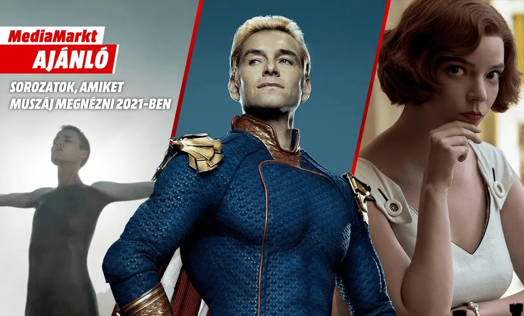 MediaMarkt Ajánló montázs három híres sorozatkarakterrel (Homelander, Beth Harmon és egy android) és sorozatajánló szöveggel.