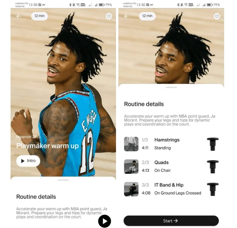 Két képernyőkép a Hyperice appból, Ja Morant NBA-játékos 12 perces irányító bemelegítő masszázsprogramjának részleteivel.