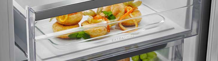 Hűtőszekrény fiókjában tányér, rajta tálalt ételek, zöld fűszernövények és alul zöld szőlő látható.