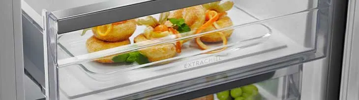 Hűtőszekrény fiókjában tányér, rajta tálalt ételek, zöld fűszernövények és alul zöld szőlő látható.