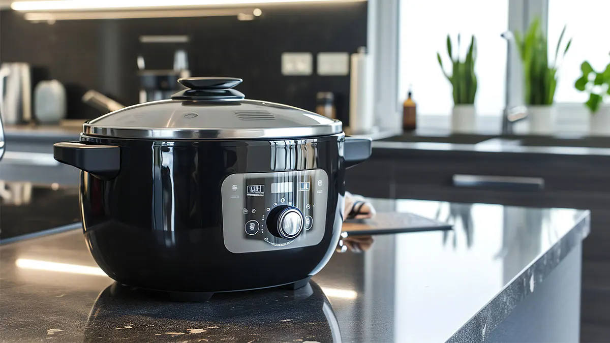 Schwarzer Multikocher mit digitalem Display und Drehknopf auf einer dunklen Arbeitsplatte. 