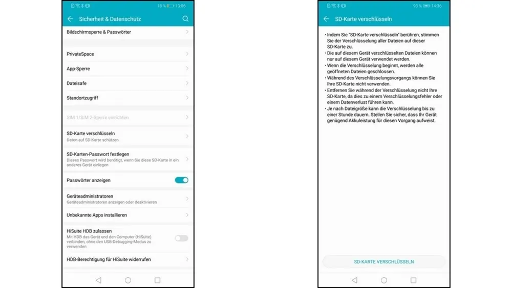 Zwei Smartphone-Screens zeigen Menüs für Sicherheitseinstellungen und SD-Kartenverschlüsselung in deutscher Sprache.