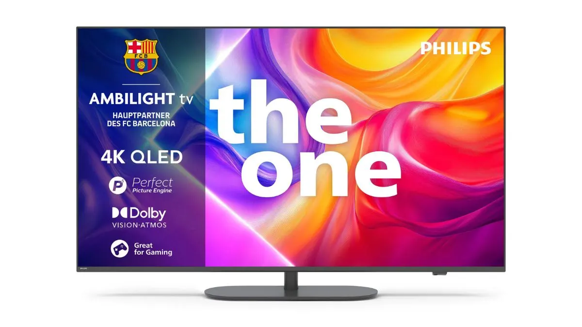 Der QLED-TV Philips The One 43PUS9000 vor weißem Hintergrund.