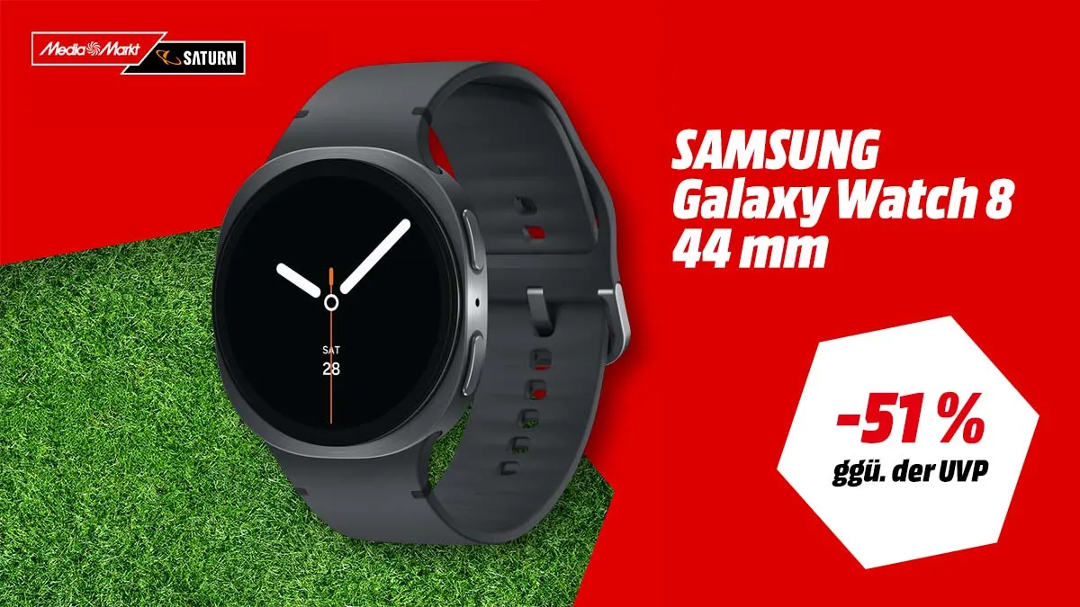 Samsung Galaxy Watch 8 44 mm Smartwatch in Graphite mit Kautschukarmband – WM-Angebot mit -51 % (ggü. der UVP)
