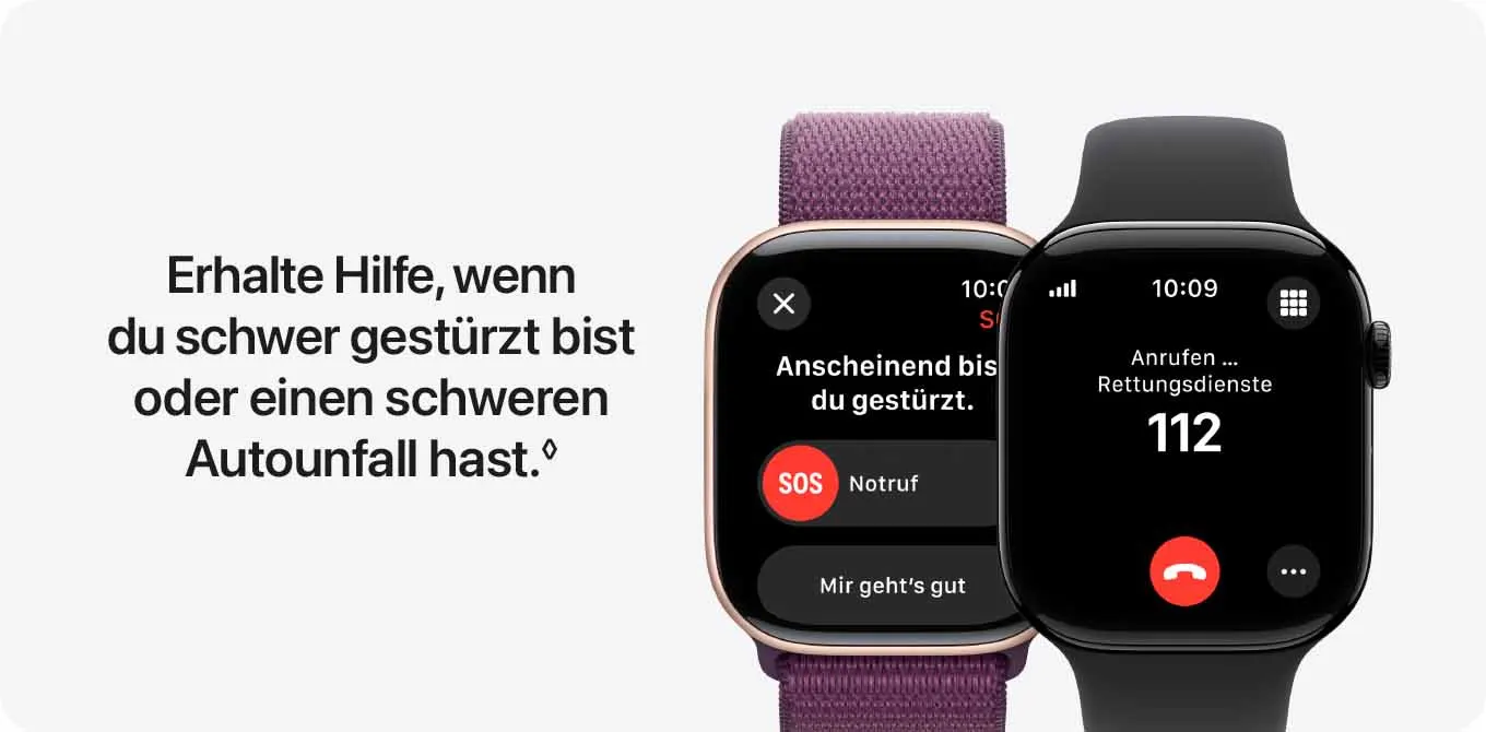 Zwei Smartwatches zeigen Notfallfunktionen. Eine Uhr zeigt "SOS Notruf" und "Mir geht's gut". Die andere wählt "112" für Rettungsdienste.