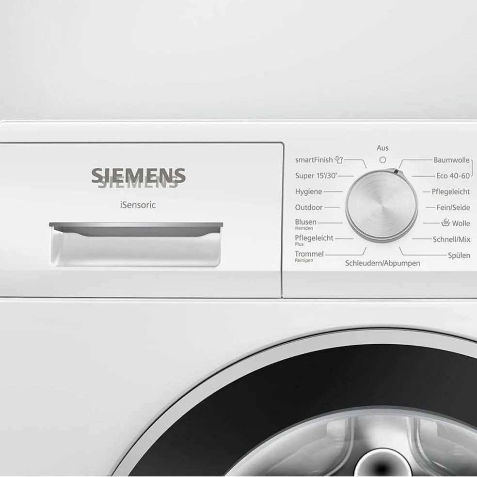 Nahaufnahme des Bedienfelds der SIEMENS WM14NKECO5 iQ300 Waschmaschine mit Waschmittelschublade, Programmwahlschalter und gut lesbaren Programmbeschriftungen.