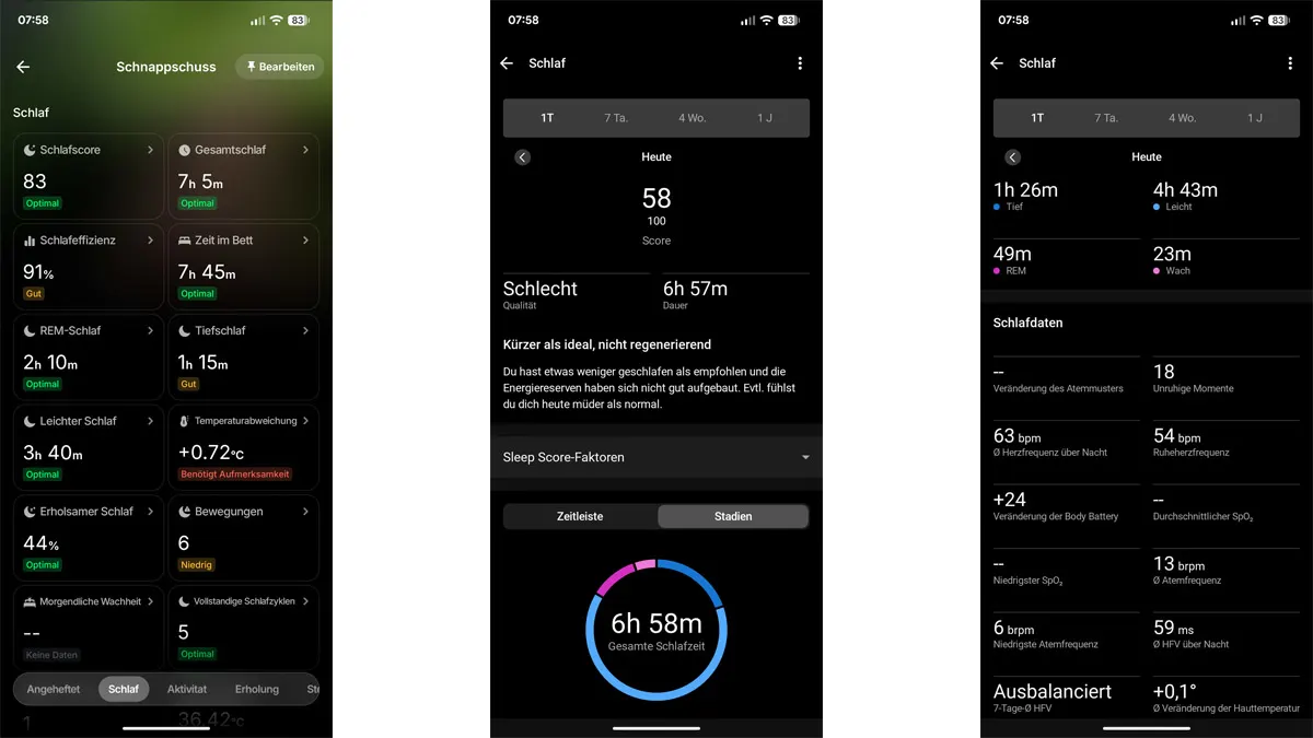 Drei Screenshots zeigen die Schlafanalysen vom Ultrahuman Ring Air und dem Garmin Forerunner 970.