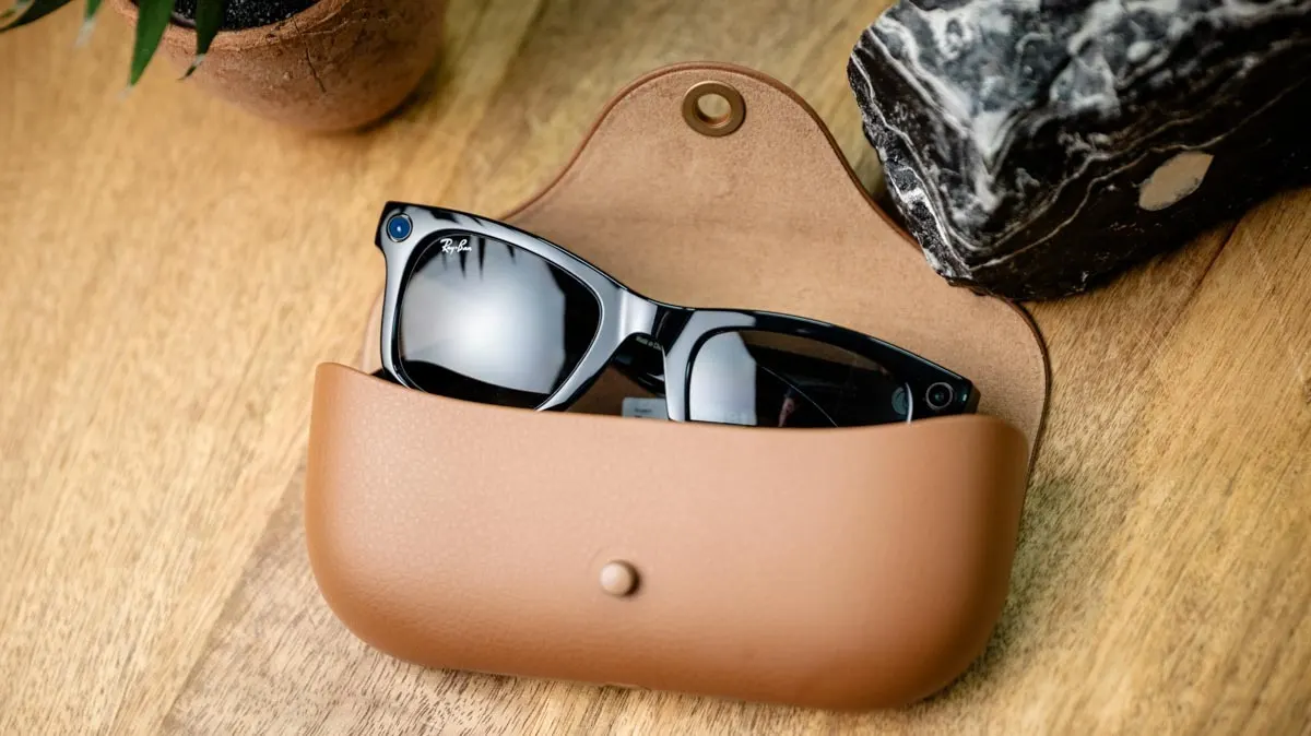 Schwarze Ray-Ban-Brille in einem hellbraunen Etui auf einem Holztisch, neben einer Topfpflanze und einem dunklen Stein.
