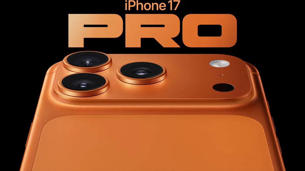 Die Rückseite des iPhone 17 Pro in Orange, darüber der Text „iPhone 17 Pro“.