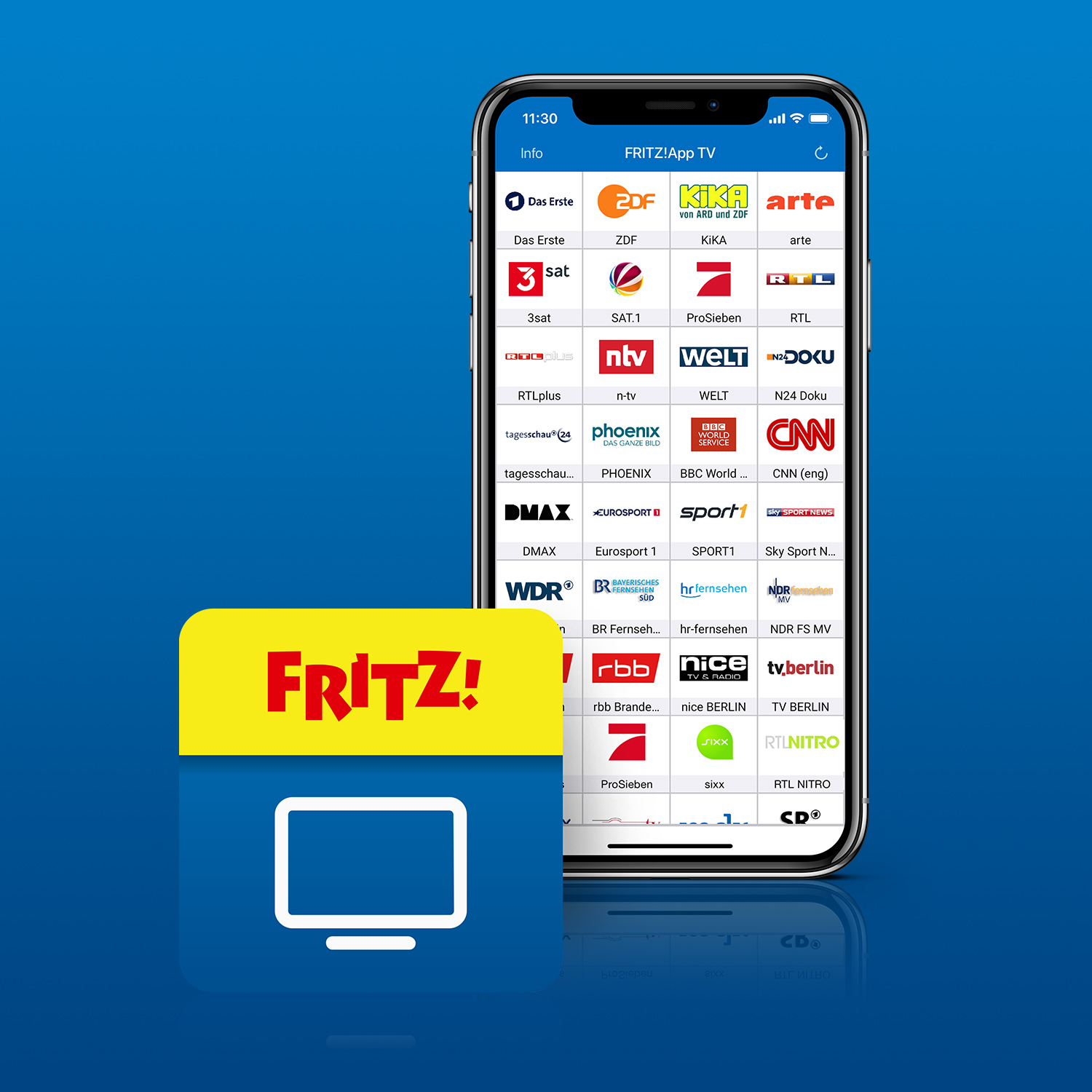 App-Darstellung auf einem Smartphone mit TV-Senderlogos und FRITZ!App-Logo und weißem TV-Symbol.