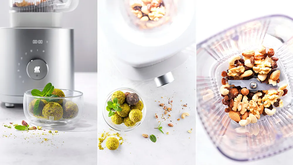 Ein dreiteiliges Bild zeigt einen Mixer, Nussbällchen in Schalen und Nüsse in einem Zerkleinerer.
