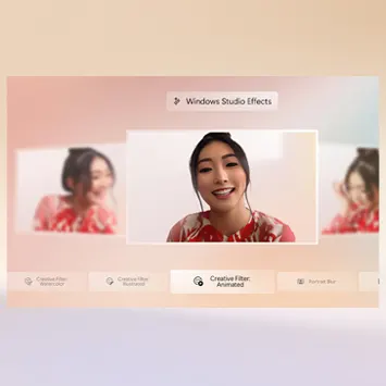 Eine Frau in einem roten Hemd vor einem digitalen Hintergrund, mit Menüoptionen unten.