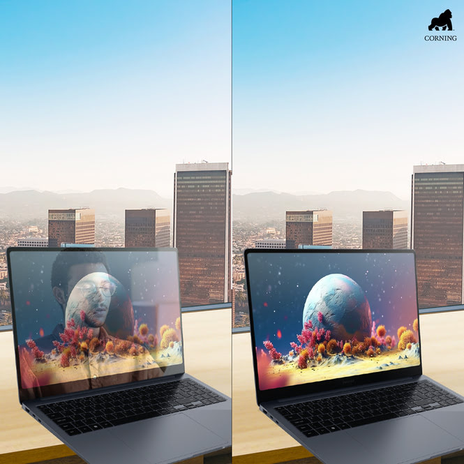 Zwei Laptops stehen vor einem Fenster mit Blick auf eine Stadtlandschaft unter blauem Himmel. Auf den Bildschirmen ist ein Planet zu sehen.