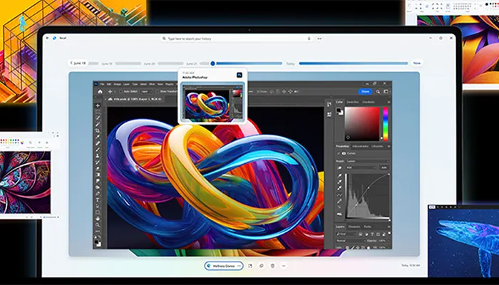 Ein Computerbildschirm zeigt eine bunte, abstrakte Grafik in einer Design-Software mit Werkzeugleisten. Mehrere kleinere Fenster sind im Hintergrund sichtbar.