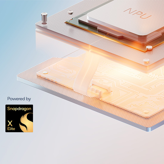 Die Grafik zeigt eine Computerkomponente mit der Aufschrift "NPU" auf einem perforierten Metallgitter. Das Snapdragon-Logo ist unten links zu sehen.