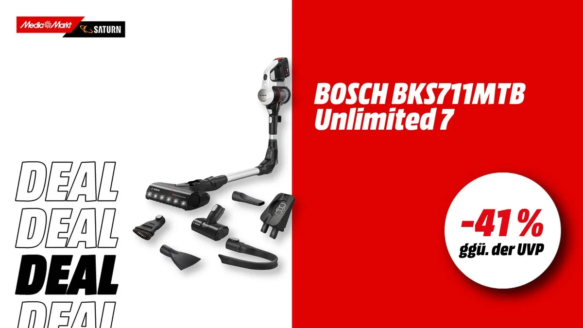 Bosch BKS711MTB Unlimited 7 Stielsauger in modernem Design, akkubetrieben, aktuell mit -41 % (ggü. der UVP) reduziert.