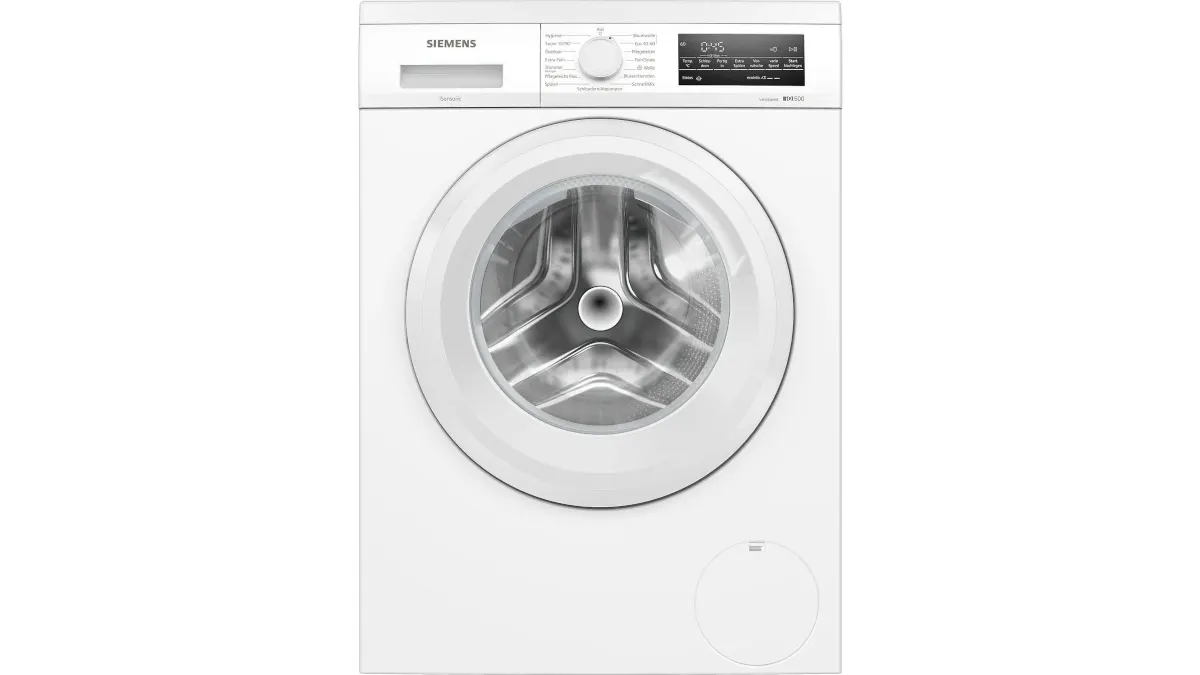 Die Waschmaschine Siemens WU14UT28 iQ500 vor einem weißen Hintergrund.