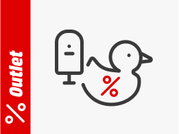 Ente mit Prozent-Icon, daneben ein Babyphone. Links steht auf rotem Hintergrund „Outlet“ mit einem Prozentsymbol.