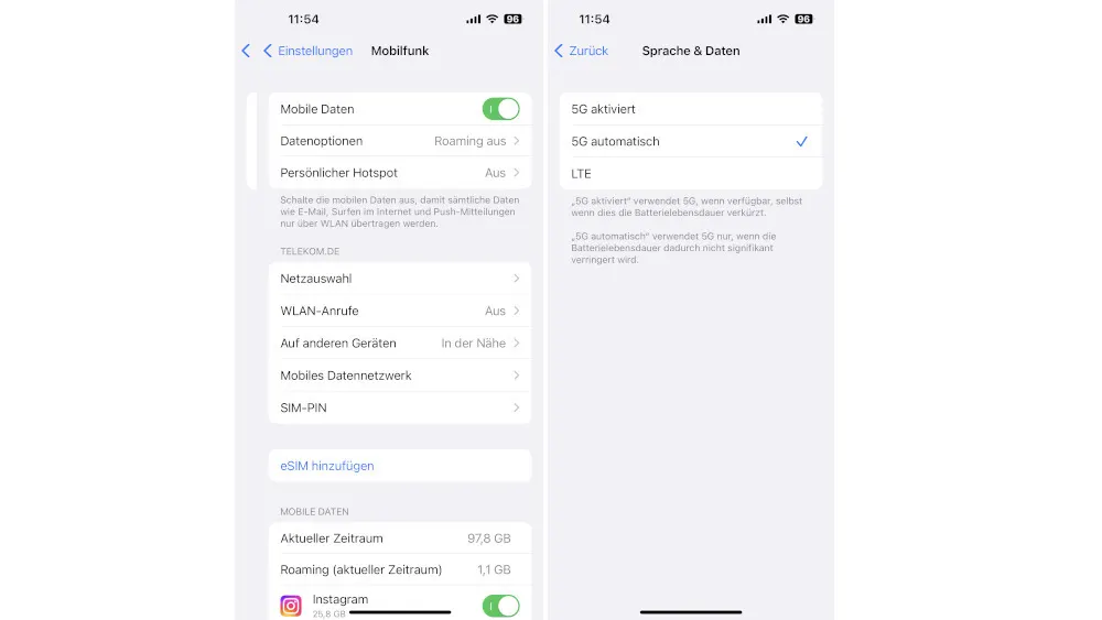 Zwei iPhone-Screenshots zeigen Einstellungen für Mobilfunk und Sprache, mit aktivierten 5G-Optionen und Datenverbrauch.