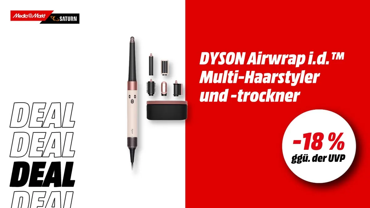 Der Dyson Airwrap und Hinweis auf 18 Prozent gegenüber der UVP auf weiß-rotem Hintergrund.