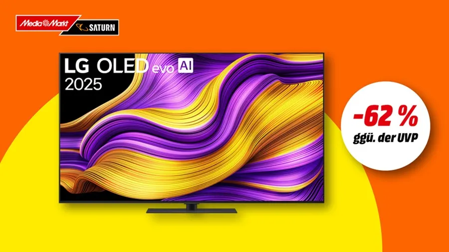 LG OLED evo TV und Hinweis auf 62 Prozent Rabatt gegenüber UVP auf buntem Hintergrund.