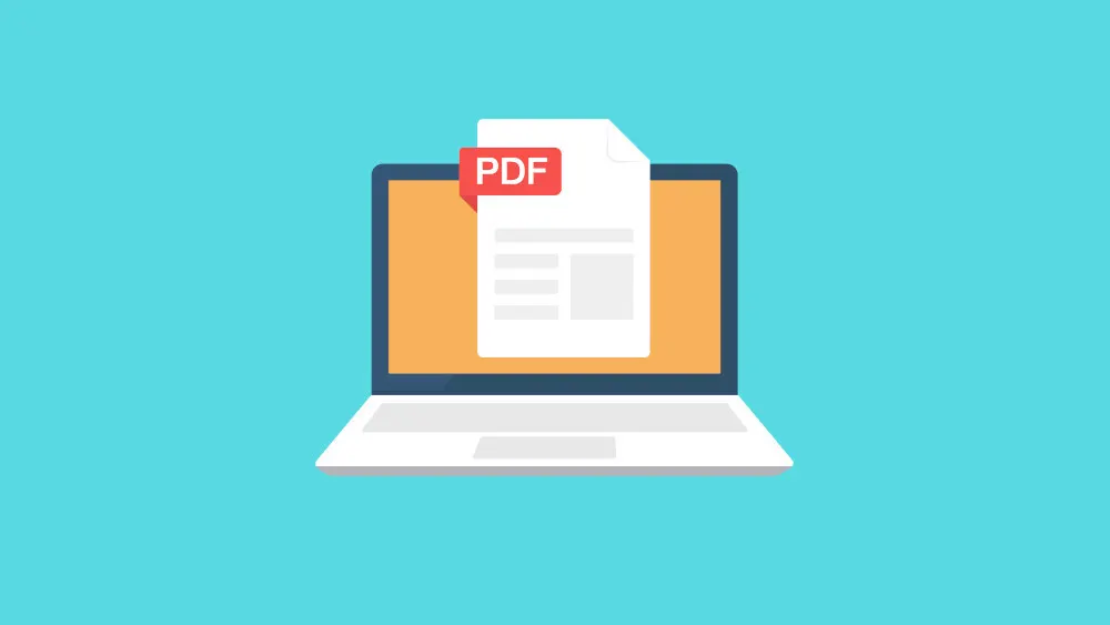 Ein Laptop mit einem orangefarbenen Bildschirm und einer weißen PDF-Datei darüber, alles vor einem türkisfarbenen Hintergrund.