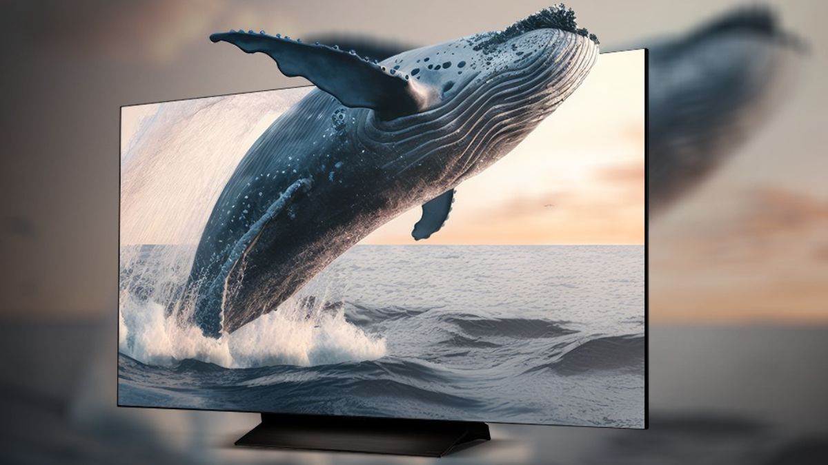 Animation eines OLED-Fernsehers mit einem Wal im Meer, der aus dem Bildschirm herausspringt.