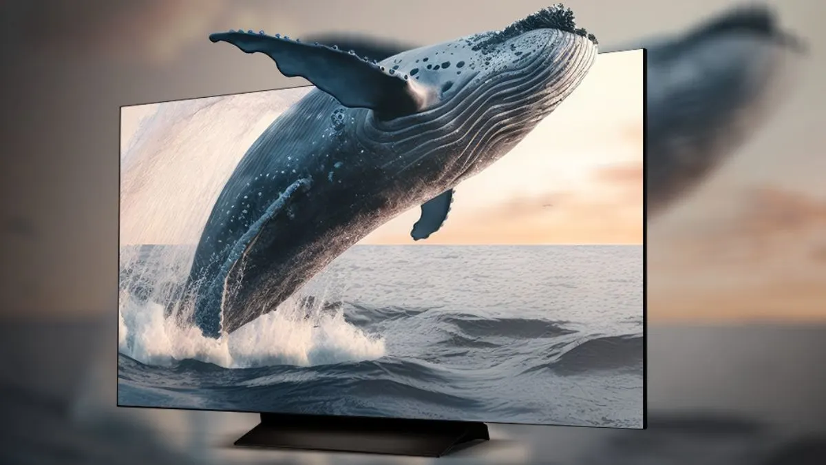 Animation eines OLED-Fernsehers mit einem Wal im Meer, der aus dem Bildschirm herausspringt.