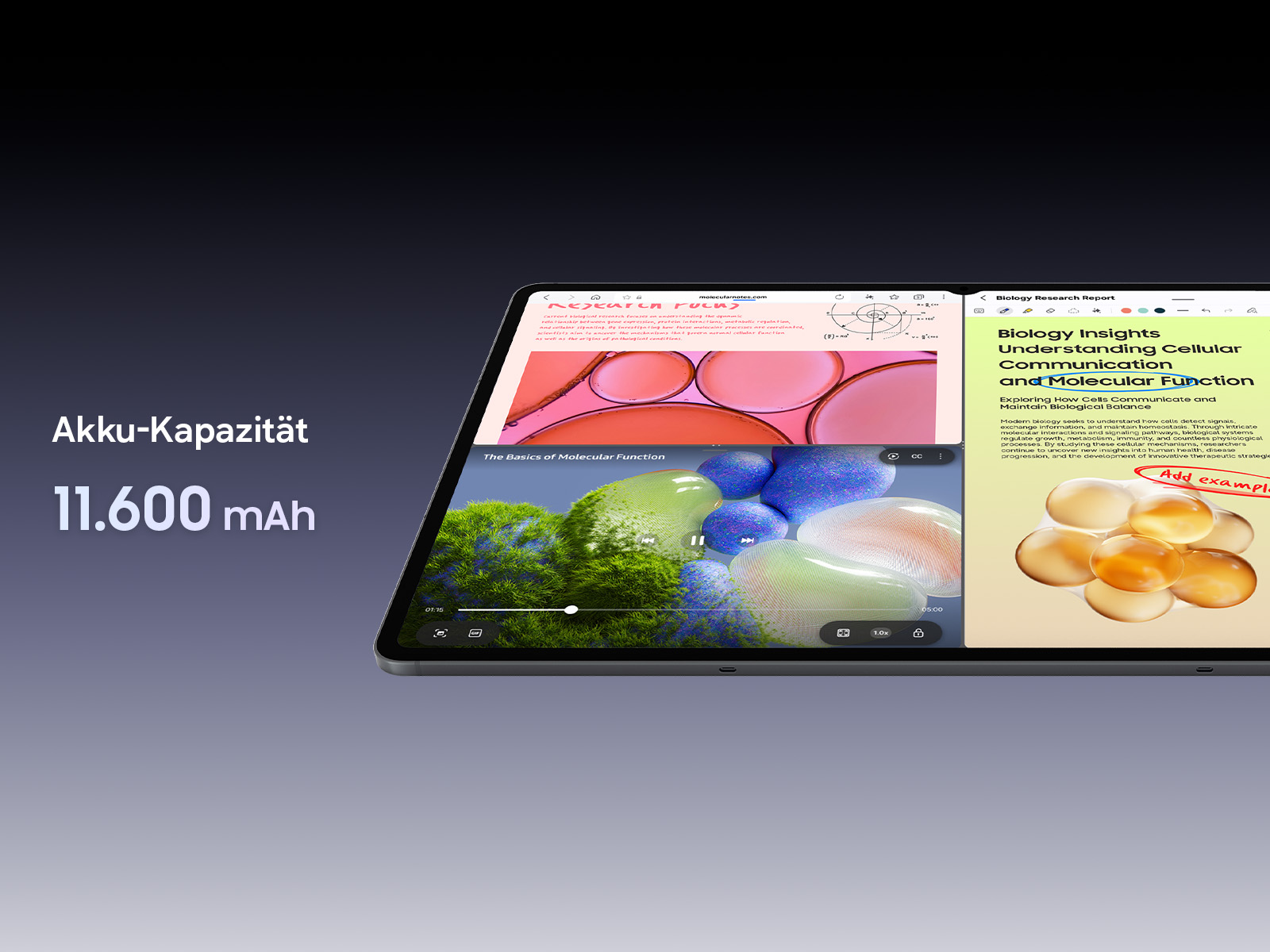 Galaxy Tab S12 Ultra mit mehreren Lerninhalten und 11.600 mAh Akkukapazität.