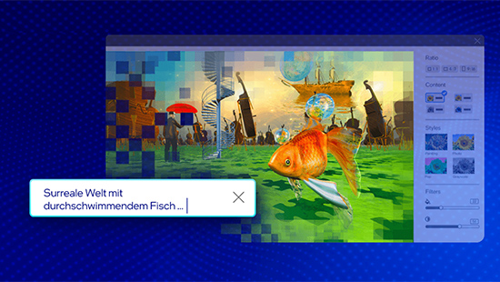 Ein Fenster zeigt ein surreales digitales Kunstwerk mit einem Goldfisch, der eine Weltkugel auf dem Kopf trägt. Im Hintergrund sind spiralförmige Treppen und Personen zu sehen.